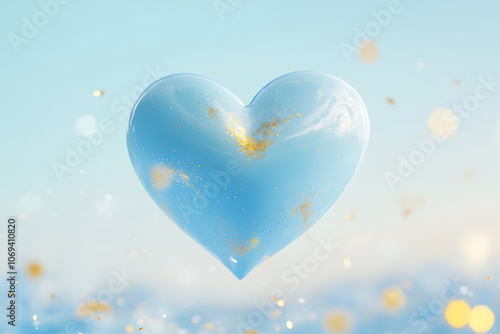 A light blue heart shape with golden sparkles floats gracefully against a serene sky background, evoking feelings of love and tranquility