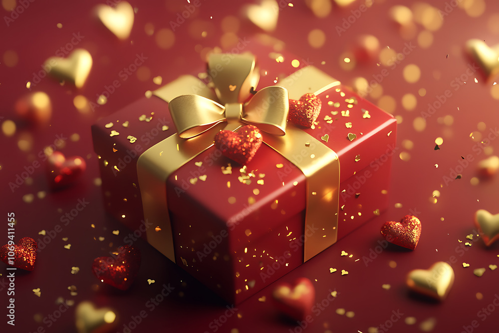 A beautifully wrapped red gift box adorned with a gold ribbon and surrounded by heart-shaped decorations, perfect for special occasions A beautifully wrapped red gift box adorned with a gold ribbon and surrounded by heart-shaped decorations, perfect for special occasions