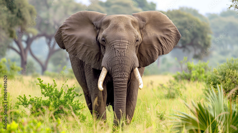 Fototapeta premium Majestic elephant in the african savannah amidst lush greenery