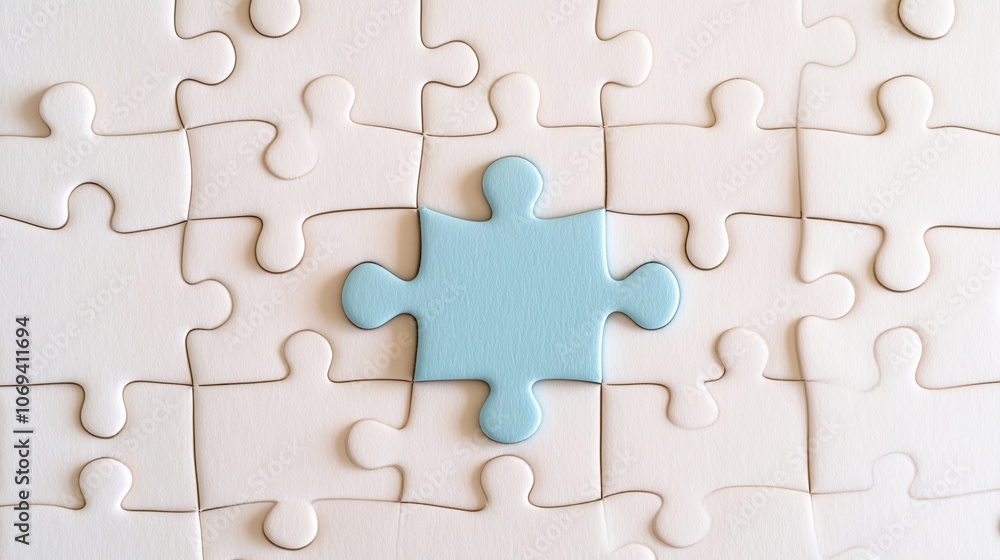 Missing piece concept with blue jigsaw puzzle piece standing out Missing piece concept with blue jigsaw puzzle piece standing out