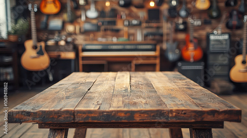 Rustic wooden table in guitar shop with various instruments in background