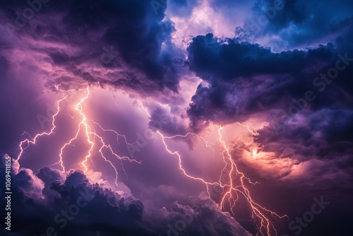 Dramatic stormy sky illuminated by multiple lightning strikes and electric energy in the clouds