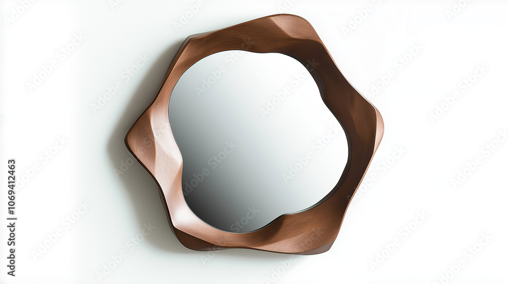mirror with brown wooden frame hanging  on white wall