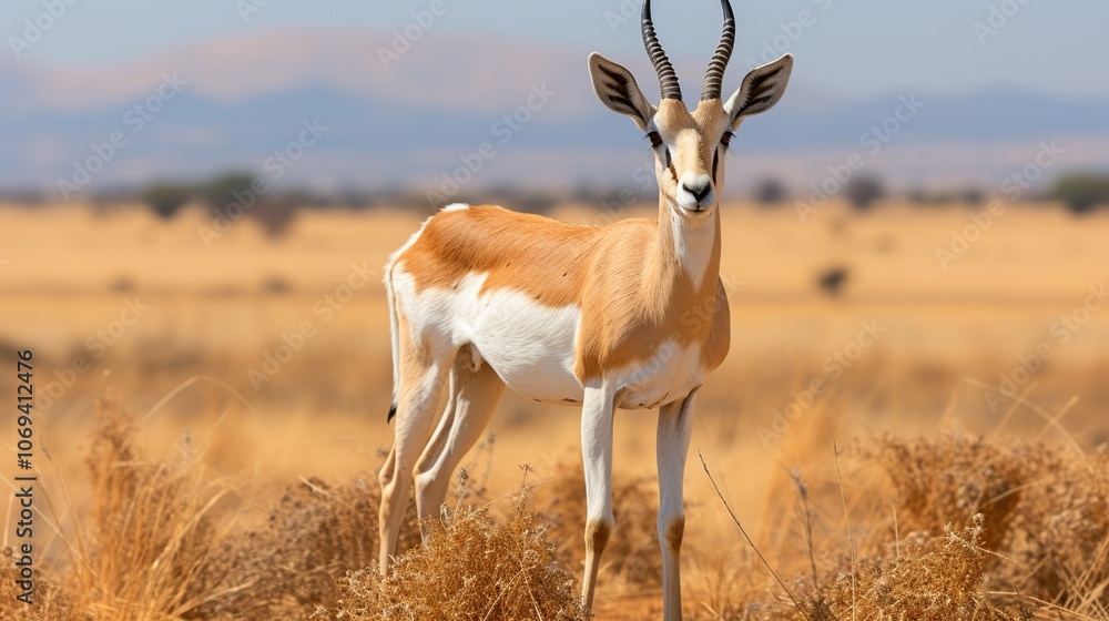 A single gerenuk antelope stands in a field of dry grass, looking directly at the camera. A single gerenuk antelope stands in a field of dry grass, looking directly at the camera.