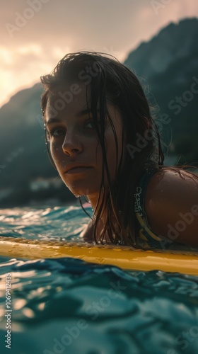 A closeup portrait shot of a young woman swimming on the paddle board photo