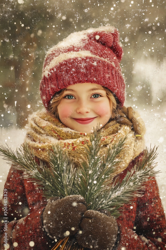 A holiday card with a girl. Poster with Christmas child. Retro style Christmas card with holiday decorations. Christmas tree and gifts in hand. Generated in AI. A holiday card with a girl. Poster with Christmas child. Retro style Christmas card with holiday decorations. Christmas tree and gifts in hand. Generated in AI.