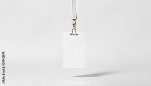 A blank ID badge hanging against a minimalist background. photo