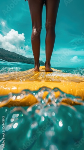 Sun-kissed legs of a young woman standing on a paddle board, water moving beneath.. photo