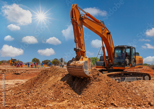 excavator digging on construction site, workers in the background, sunny day