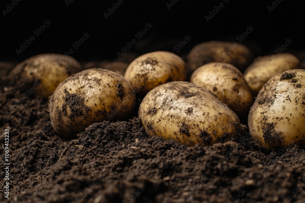 Freshly harvested potatoes with dirt, ready for cooking and culinary use in delicious dishes Freshly harvested potatoes with dirt, ready for cooking and culinary use in delicious dishes