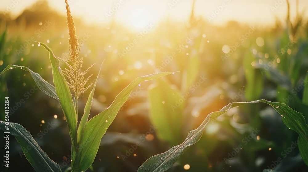 Fototapeta premium corn field or maize field at agriculture farm in the morning sunrise