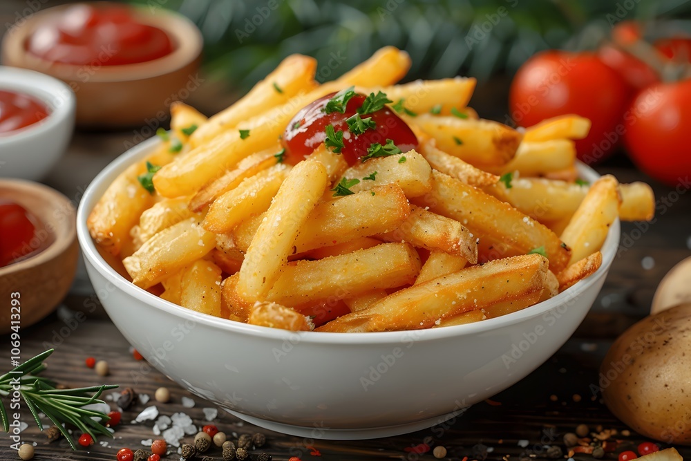 Crispy Golden French Fries with Ketchup and Fresh Herbs in a Bowl Crispy Golden French Fries with Ketchup and Fresh Herbs in a Bowl