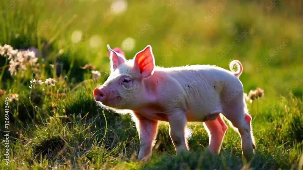 A small, adorable piglet wanders curiously through a sunny green field, showcasing its playful nature and charming personality. A small, adorable piglet wanders curiously through a sunny green field, showcasing its playful nature and charming personality.