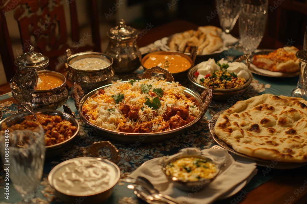 Traditional indian cuisine displayed on ornate table setting