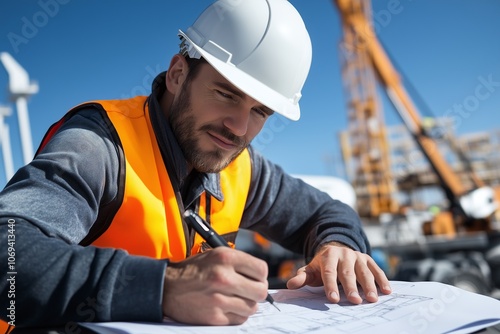 Construction Worker Creates Detailed Project Plans on Job Site