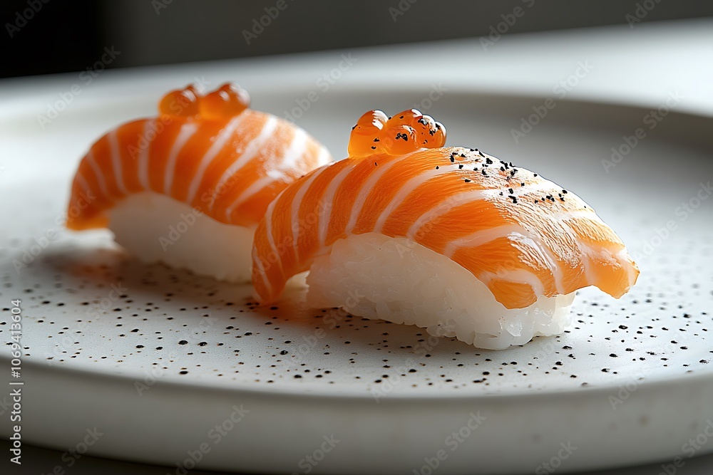 Two pieces of salmon nigiri sushi beautifully presented on a plate Two pieces of salmon nigiri sushi beautifully presented on a plate