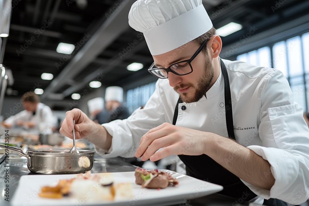 Chef Skillfully Plates Gourmet Dish in Busy Kitchen Chef Skillfully Plates Gourmet Dish in Busy Kitchen