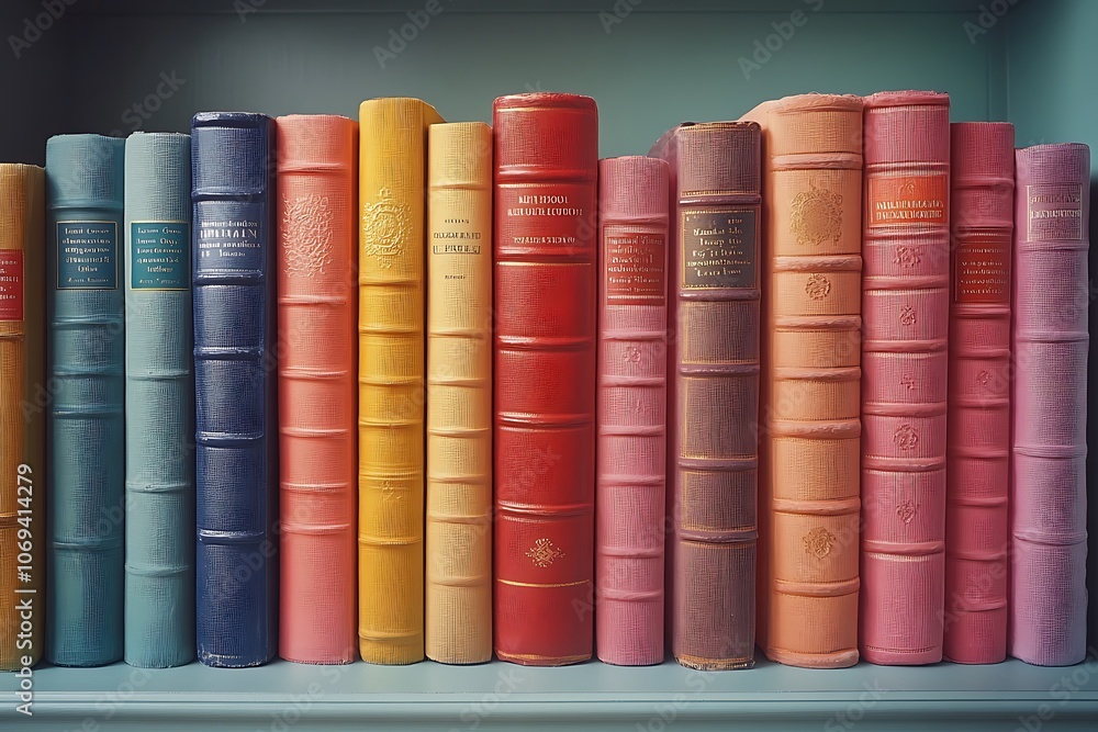 Naklejka premium Colorful antique books stand in a row on a shelf.