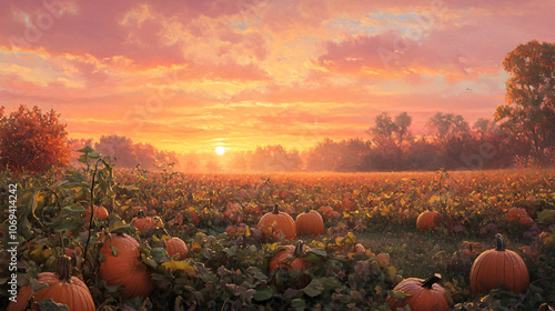 A soft pink sunrise over a pumpkin patch, with pumpkins and vines glistening with dew.A soft pink sunrise over a pumpkin patch, with pumpkins and vines glistening with dew. photo