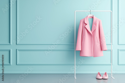 Wallpaper Mural Minimalist fashion display featuring pink coat and matching shoes against light blue wall. stylish setup evokes sense of modern elegance and simplicity Torontodigital.ca
