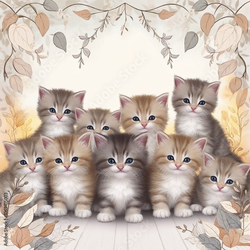 Charming arrangement of fluffy kittens with pastel leaves on a soft background 