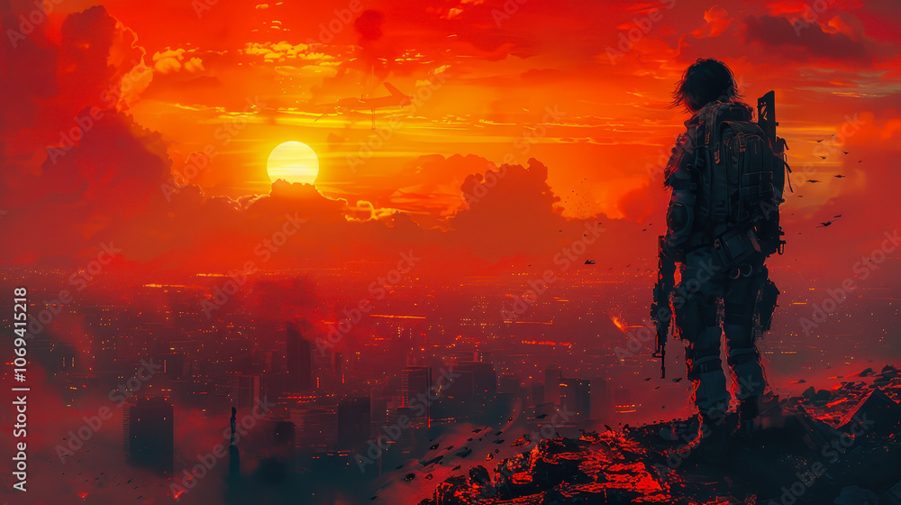 Fototapeta premium Futuristic Soldier Woman in Ruined Cityscape at Sunset, Digital Art of Post-Apocalyptic Survivor, Armed Heroine Standing Vigilant Over Destroyed Urban Landscape, Sci-Fi Illustration Painting