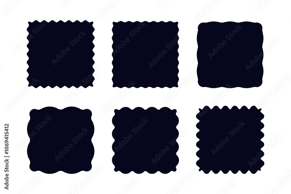Square frames with wiggly edges set. Silhouette wavy elements. Square frames with wiggly edges set. Silhouette wavy elements.