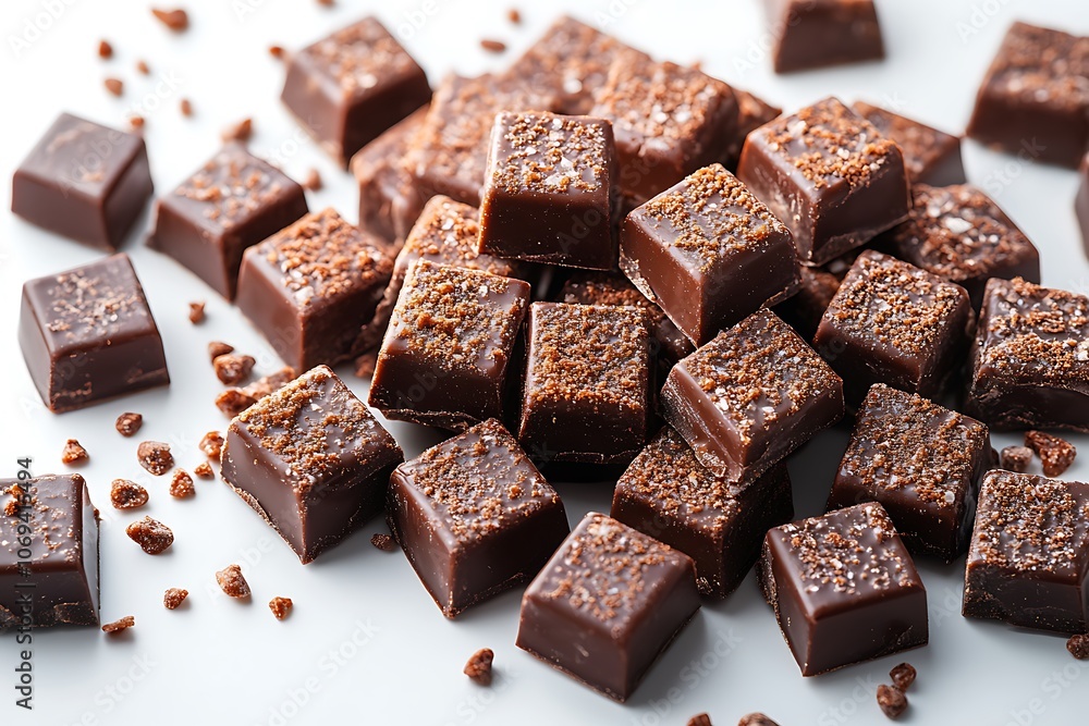 Close-up of dark chocolate squares sprinkled with cocoa crumbs. Close-up of dark chocolate squares sprinkled with cocoa crumbs.