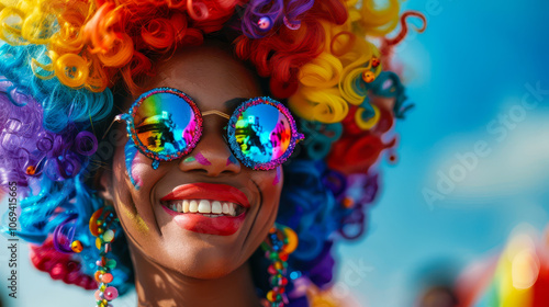 Vibrant Black Drag Queen Celebrating Pride Parade in Rainbow Wig and Glitter Makeup on a Sunny Summer Day photo