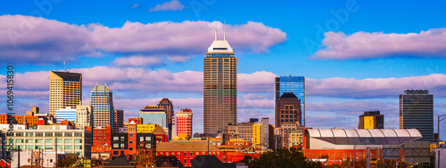 Indianapolis Skyline, Skyscrapers, and Landmark Buildings after rain storm in the U.S. state of Indiana and the seat of Marion County photo