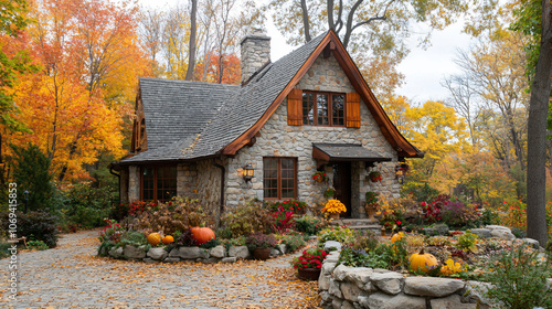A stone and wood village guesthouse surrounded by autumn trees and Thanksgiving decorations.A stone and wood village guesthouse surrounded by autumn trees and Thanksgiving decorations.