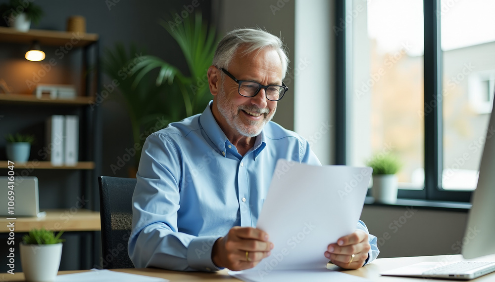 Senior Man Reading Documents in Office Senior Man Reading Documents in Office