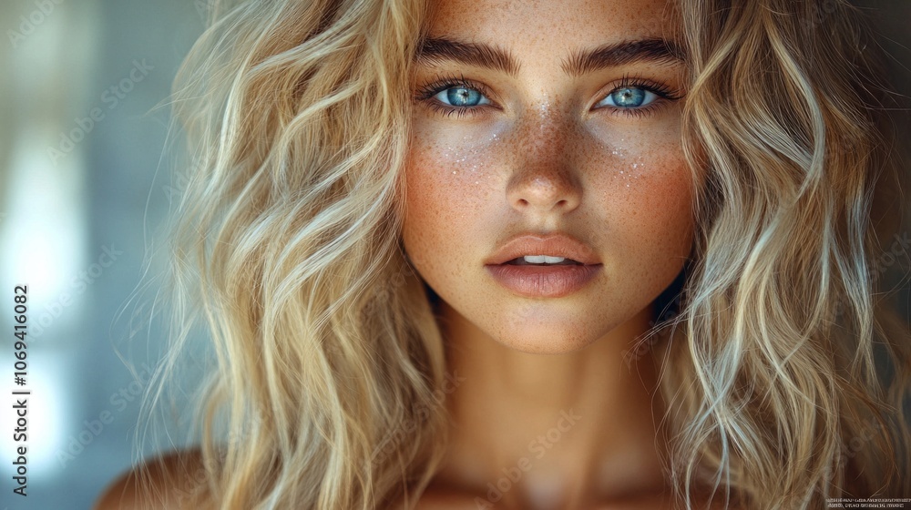 Natural beauty: portrait of a woman with freckles and blue eyes Natural beauty: portrait of a woman with freckles and blue eyes