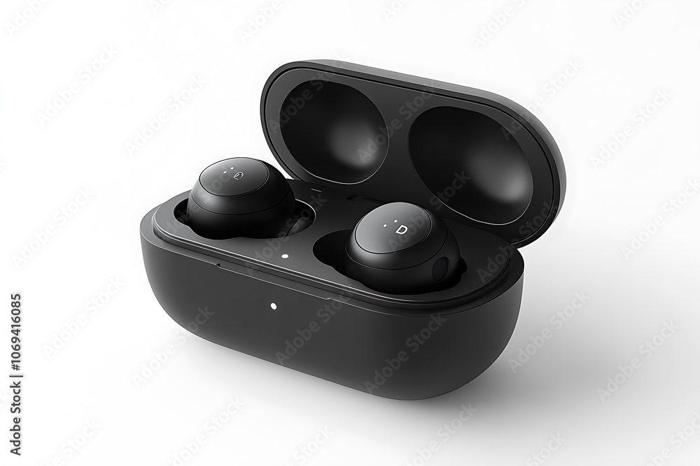 Black wireless earbuds in a charging case. Black wireless earbuds in a charging case.