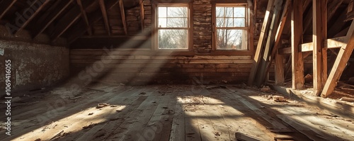 Sunlit empty attic with wooden beams