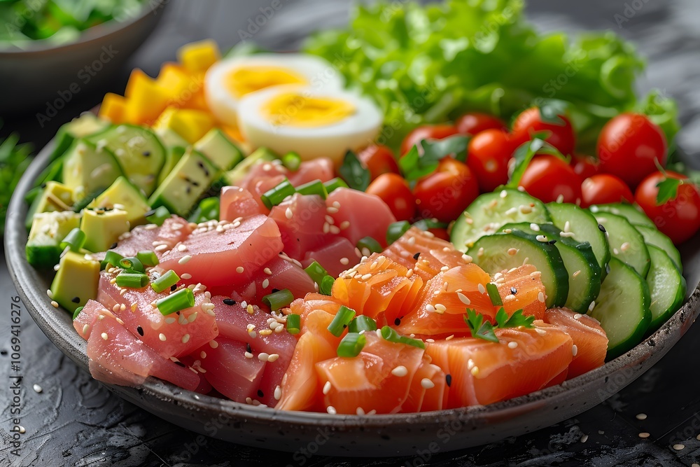 Colorful Fresh Poke Bowl with Tuna, Salmon, and Vibrant Vegetables for a Healthy Meal Colorful Fresh Poke Bowl with Tuna, Salmon, and Vibrant Vegetables for a Healthy Meal