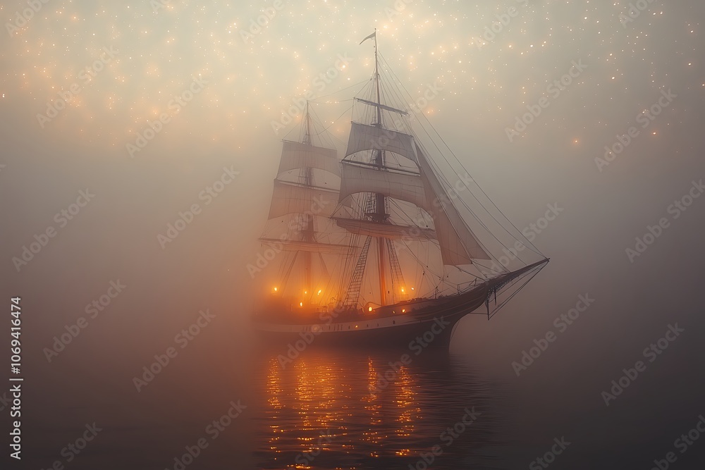 An ethereal tall ship sails through a misty sea at twilight. An ethereal tall ship sails through a misty sea at twilight.