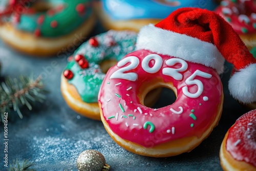 Christmas donuts celebrating new year 2025 with santa hat and decorations