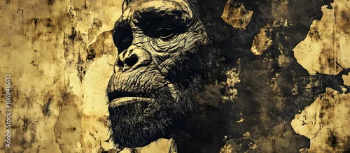 Fototapeta A powerful close-up of an early hominid, rendered in dark, textured detail against a grunge-inspired background of earthy beige and brown tones.