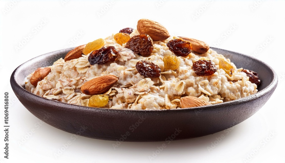 Oatmeal with nuts and raisins isolate on White background Oatmeal with nuts and raisins isolate on White background