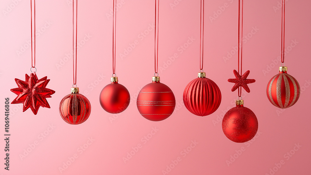 Pink background with hanging Christmas spheres Pink background with hanging Christmas spheres