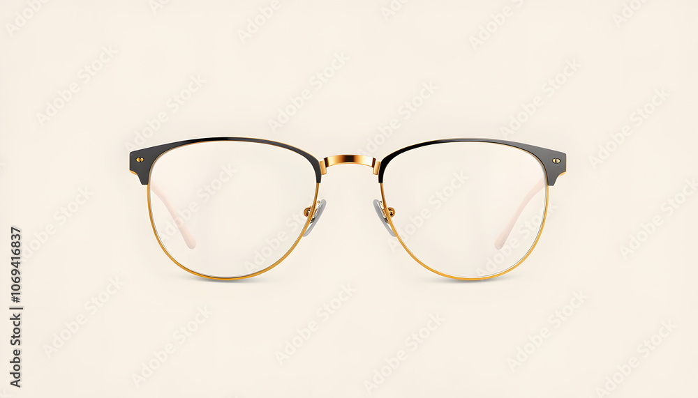 Fototapeta premium golden and black glasses isolated on beige and gray background, ideal photo template for display or advertising sign or for a web banner isolated with white highlights, png