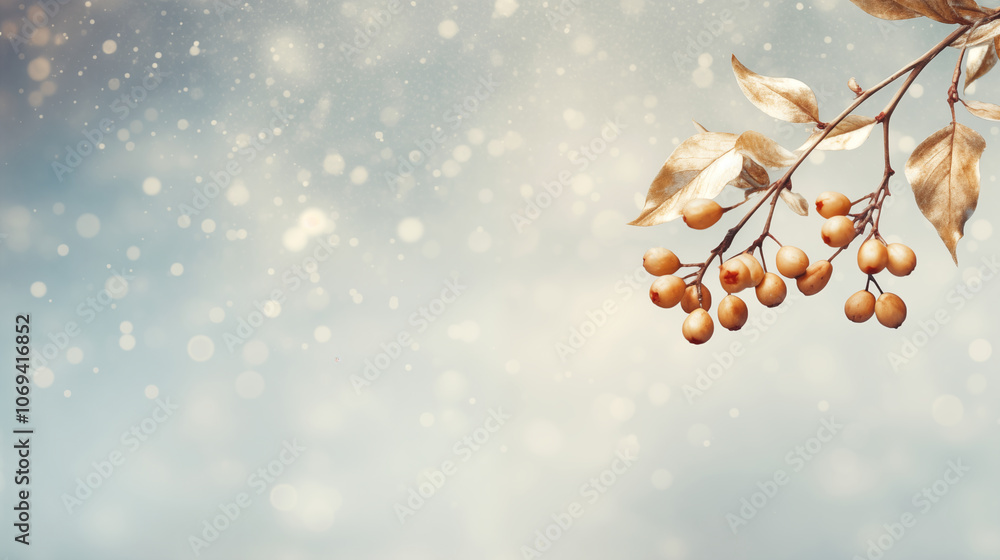 Winter herbs and branches banner with bokeh and copy space Winter herbs and branches banner with bokeh and copy space