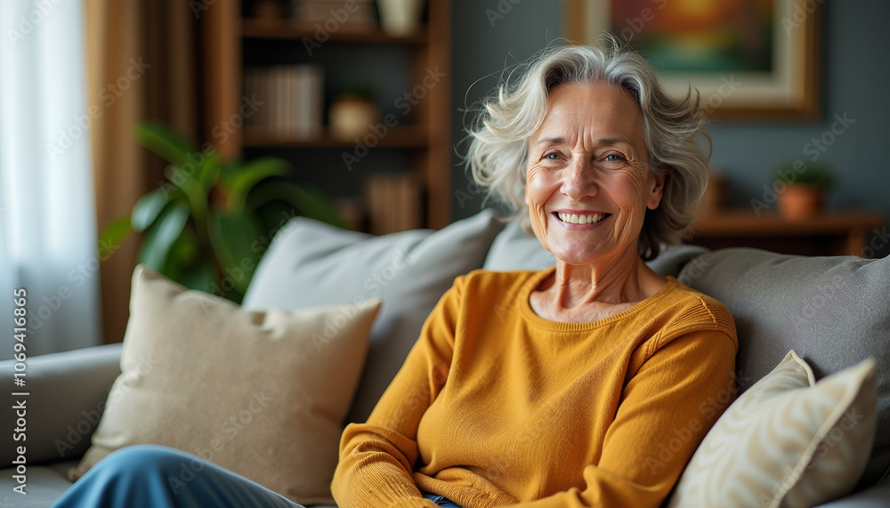 Smiling Senior Woman in Cozy Living Room Smiling Senior Woman in Cozy Living Room