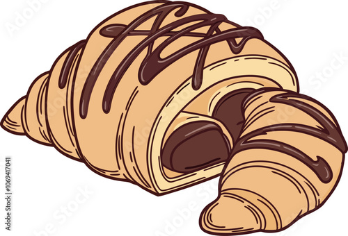 Chocolate-filled croissant with flaky, golden crust and chocolate drizzle, on a white background.