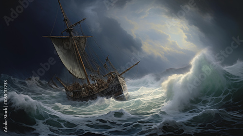 Odysseus's Ship Battling Stormy Seas Under Dark Skies