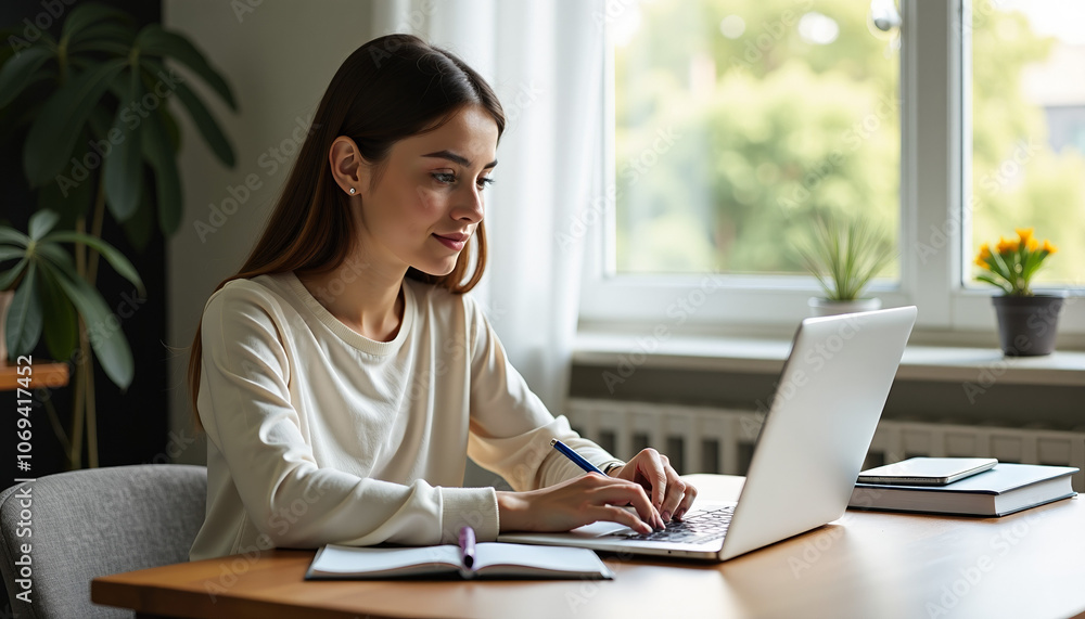 Woman Working on Laptop at Home Woman Working on Laptop at Home