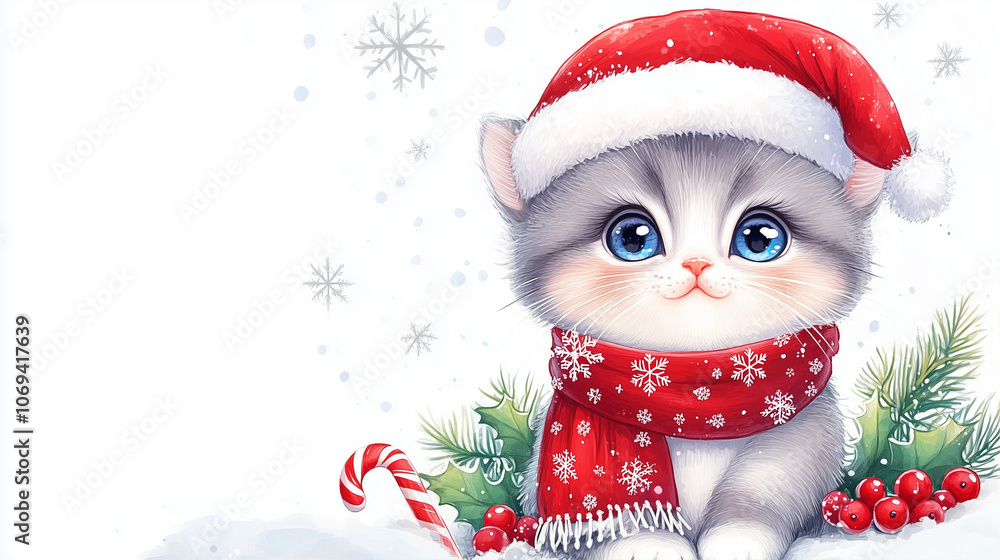 Cat wearing Santa hat Christmas Cute Kitten with red scarf and winter decorations Cat wearing Santa hat Christmas Cute Kitten with red scarf and winter decorations