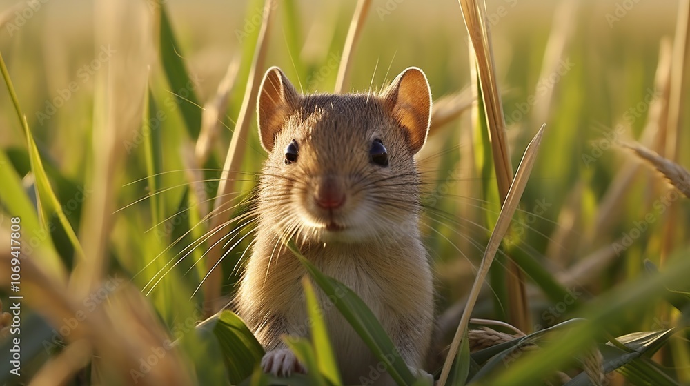 A small brown mouse with long whiskers peeks out from a field of tall grass. A small brown mouse with long whiskers peeks out from a field of tall grass.
