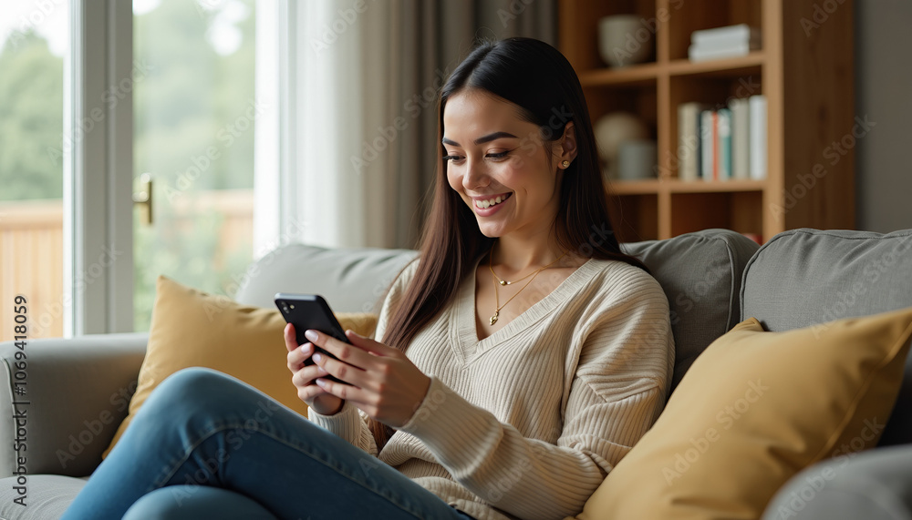 Woman Relaxing at Home with Smartphone Woman Relaxing at Home with Smartphone